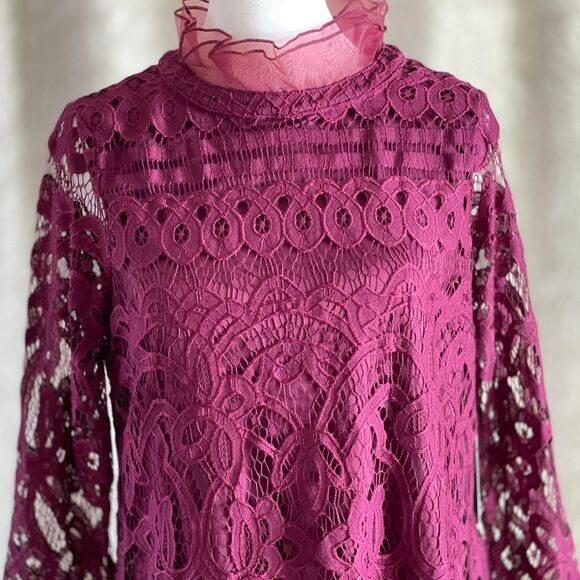 NWT Lulus Burgundy Maroon Lace Mini Dress Chiffon Ruffle & Collar Detail Size‎ S - Picture 8 of 12